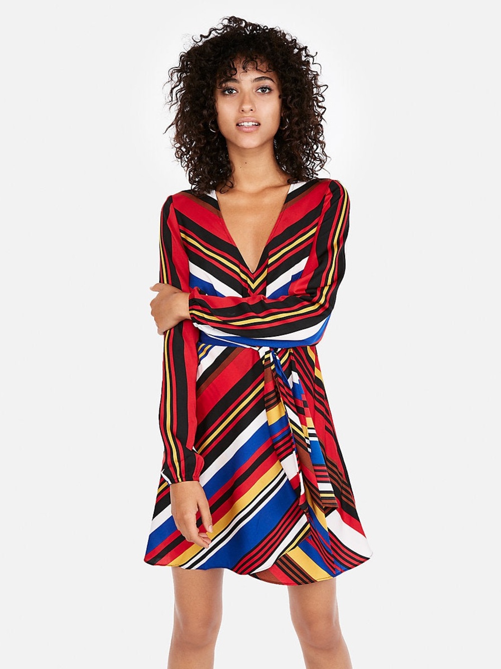 Express Striped V-Neck Tie-Waist Dress in Red Multi